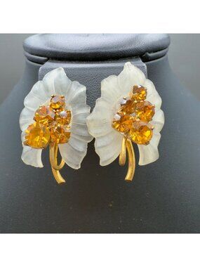 Austrian Frosted Lucite Leaf Amber Rhinestone Clip On Earrings